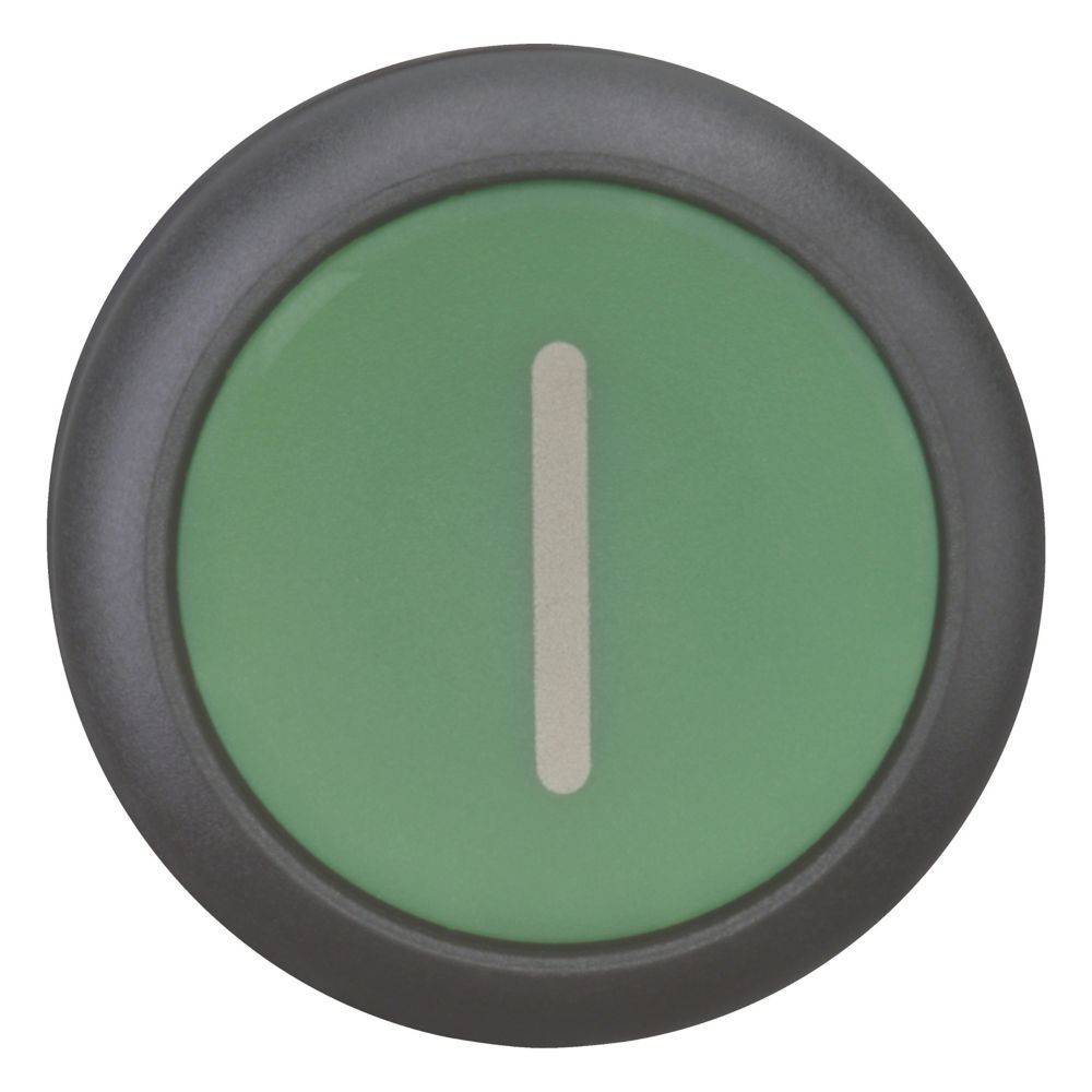 Ein grüner Einschaltknopf mit einem vertikalen Liniensymbol in der Mitte, was darauf hindeutet, dass er sich in der 'Ein'-Position befindet.