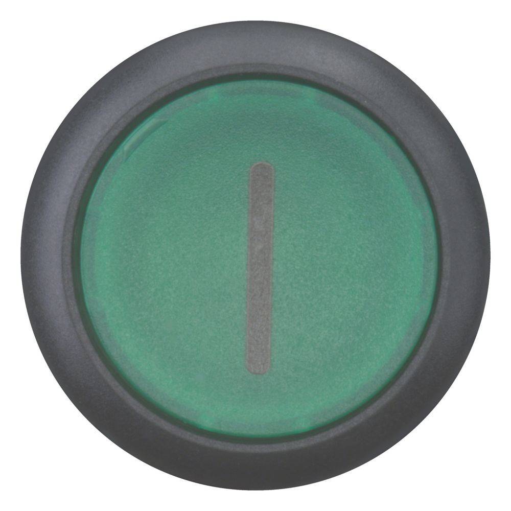 Ein runder, grüner Einschaltknopf mit einem vertikalen Liniensymbol in der Mitte, was eine 'Ein'-Position anzeigt.