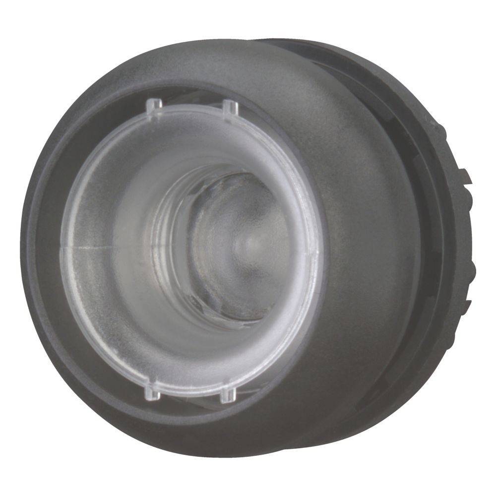 Ein klares, rundes Plastikbauteil mit einer zentralen zylindrischen Kammer und einem äußeren gerillten Ring, möglicherweise eine Abdeckung oder Linse für ein Gerät.