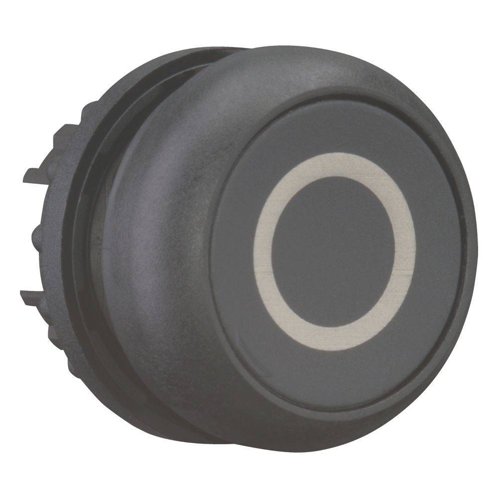 Ein schwarzer, kreisförmiger Einschaltknopf mit weißem Umriss und einer vertieften Druckfläche, der häufig in elektronischen Geräten zum Ein- und Ausschalten verwendet wird.