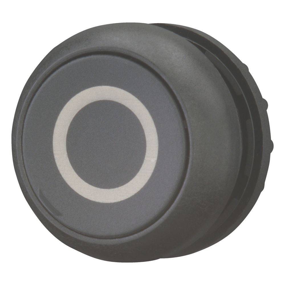 Ein schwarzer runder Druckknopf mit einem weißen Ring in der Mitte, der zur Steuerung oder Aktivierung elektronischer Geräte verwendet wird.
