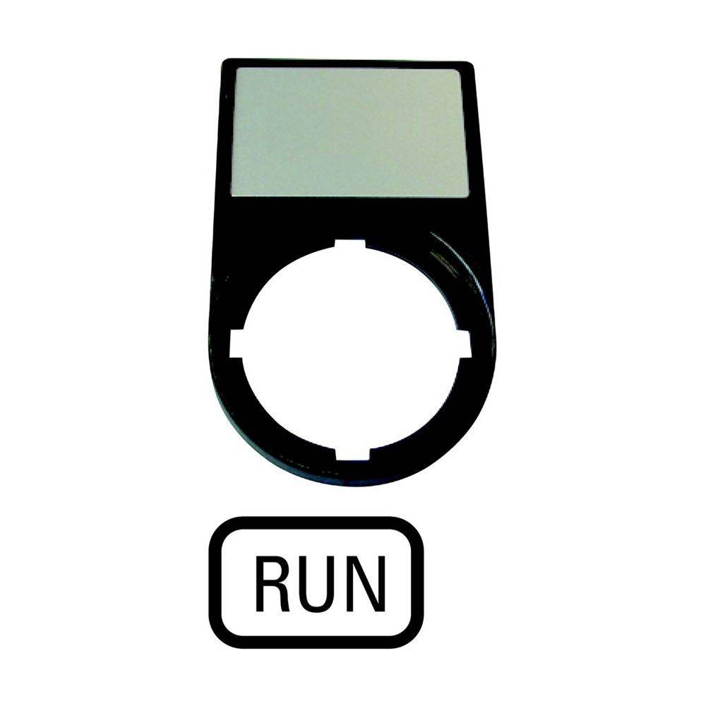 Eine schwarze Zifferblendabdeckung mit einem Fenster oben und einer Öffnung darunter. Darunter befindet sich das Wort 'RUN' in einem schwarzen Rahmen.