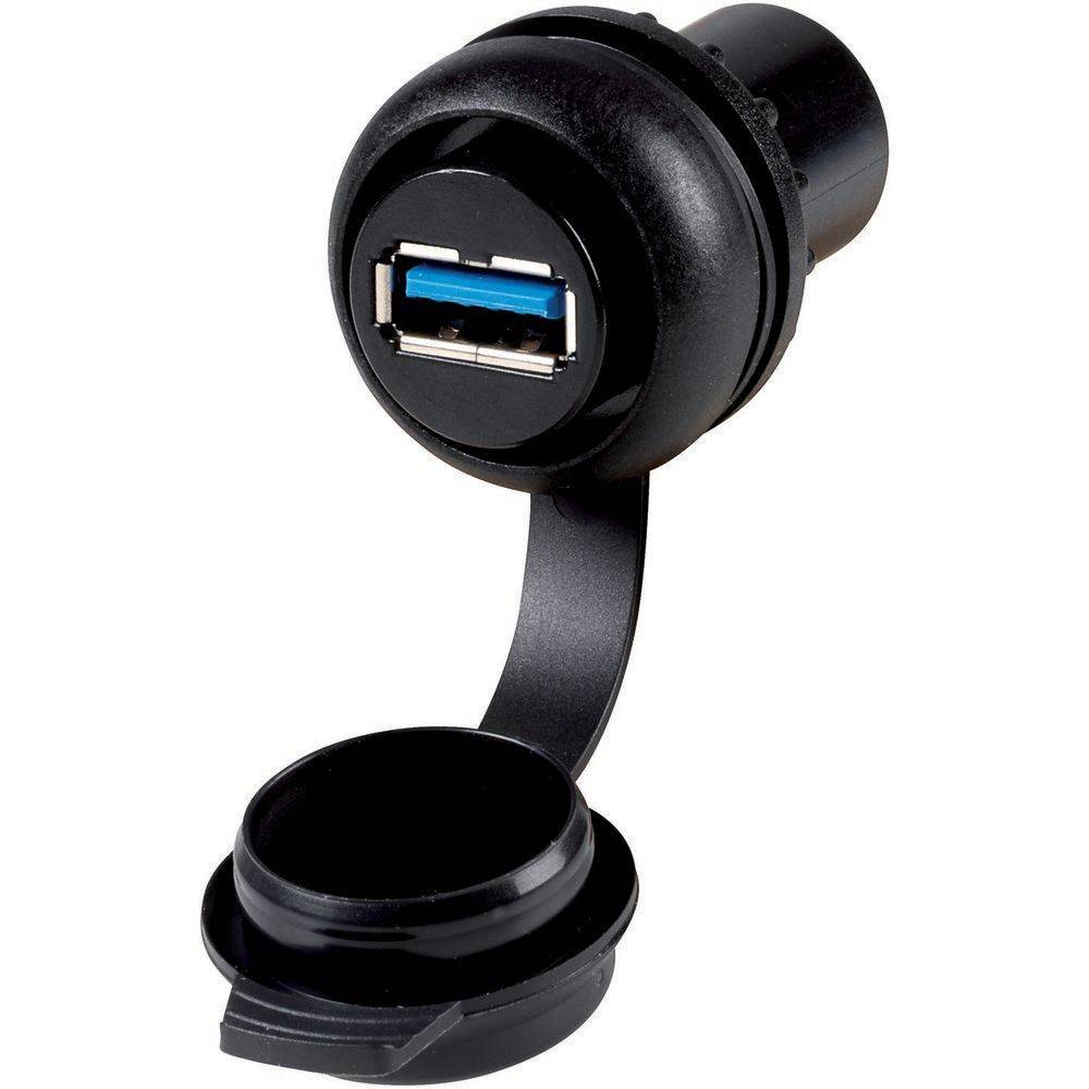 Eine Nahaufnahme eines USB-3.0-Anschlusses in einem runden schwarzen Gehäuse mit einer Schutzkappe, die für einfachen Zugang und Staubschutz konzipiert ist.