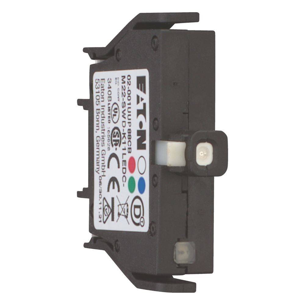 Eine schwarze Eaton-Elektrokomponente mit einer Etikette, die Farbindikatoren und Zertifizierungszeichen zeigt, verwendet für Schaltschränke.
