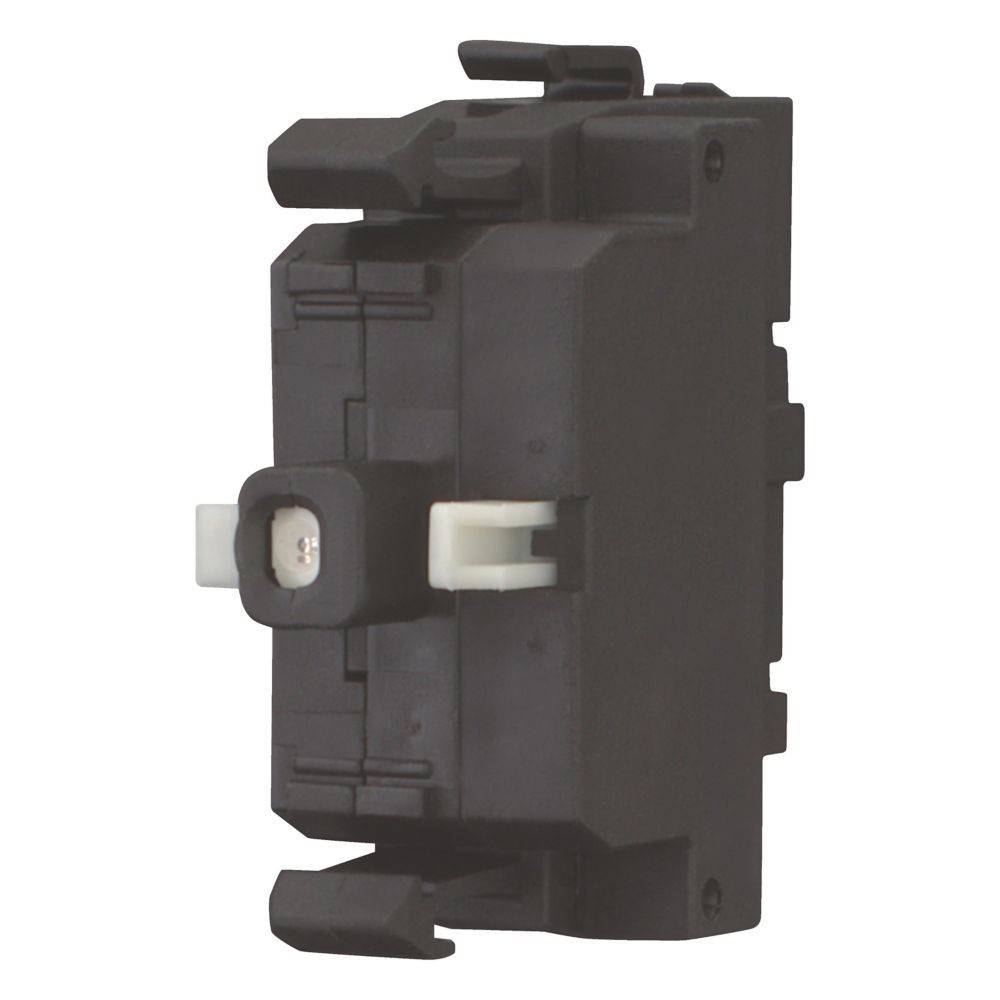 Eine schwarze elektrische Komponente mit einem zentralen weißen Anschlussschacht, ausgestattet mit seitlichen Befestigungsclips. Geeignet für elektrische Installationen.