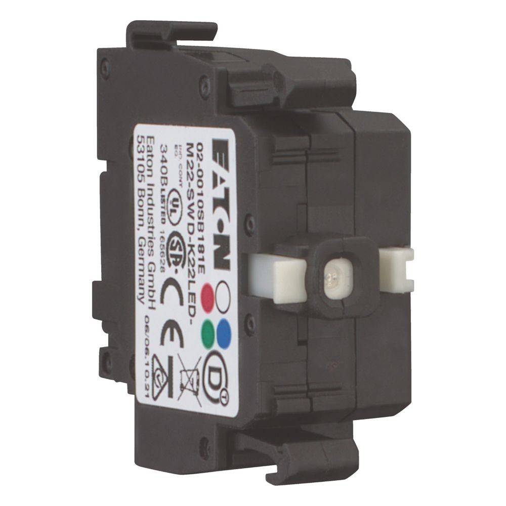 Ein schwarzes Eaton elektrisches Schaltmodul mit einem weißen Knopf. Enthält Etiketten mit Spezifikationen und Zertifizierungssymbolen auf der Vorderseite.