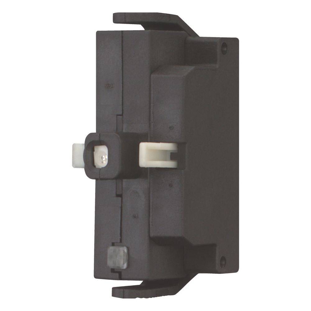 Eine schwarze elektrische Komponente mit einem weißen Anschluss in der Mitte und Befestigungsklammern an beiden Seiten, von der Seite betrachtet.