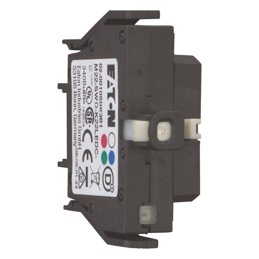 Eine schwarze seitlich montierte elektrische Komponente mit beschrifteten Spezifikationen, einschließlich 'Eaton' und verschiedener technischer Symbole, geeignet für Ausrüstungsinstallation.