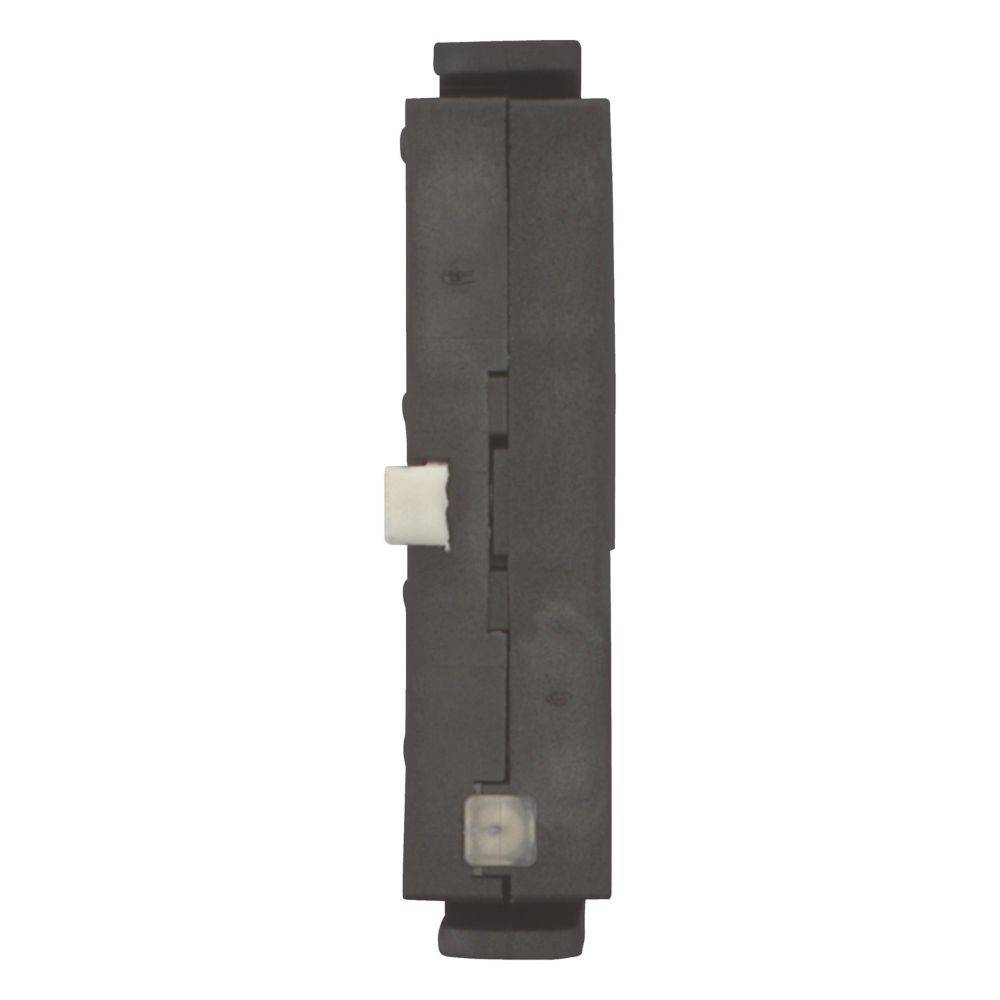 Eine schwarze rechteckige elektronische Komponente, von der Seite betrachtet, mit einem kleinen weißen Schalter und einem Knopf nahe dem unteren Rand.