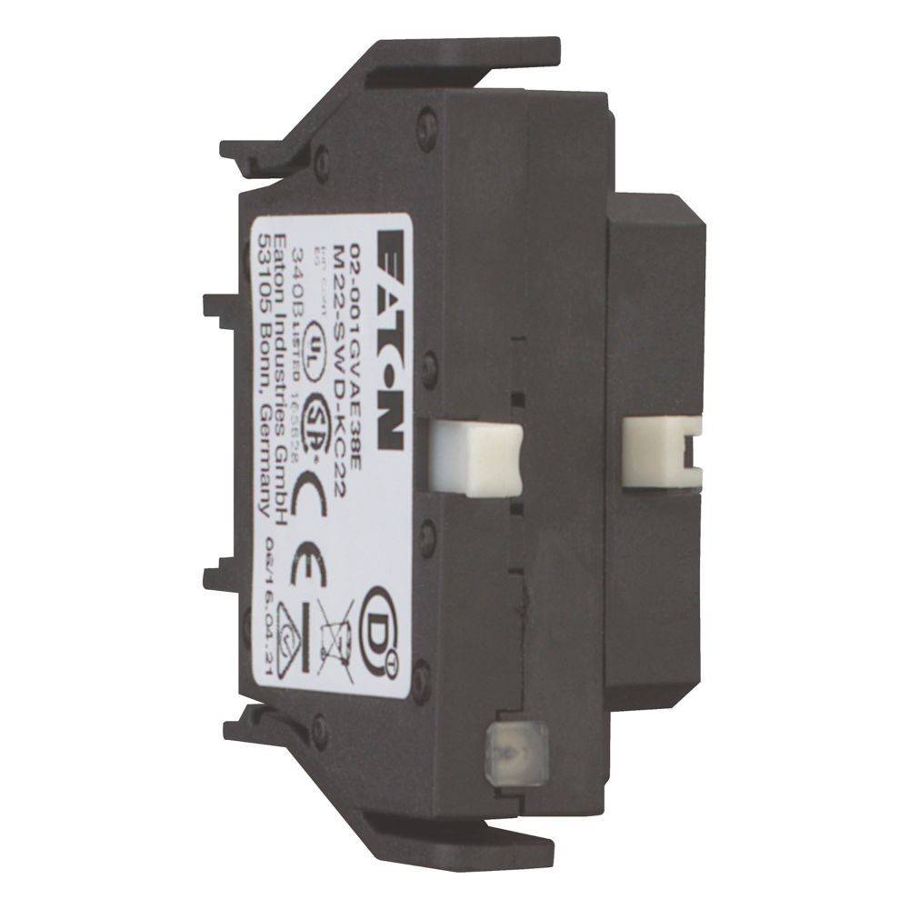 Eaton M22-K10 schwarzer elektrischer Schalterkomponent mit Teilenummer, Zertifizierungsetiketten und Herstellungsdetails.