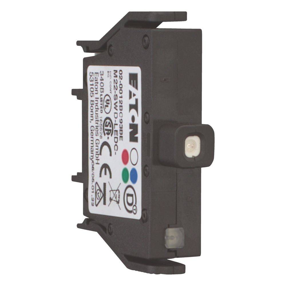 Eaton M22-WRJ3-BE': rechteckige schwarze elektronische Komponente mit verschiedenen Zertifizierungen, die auf dem Etikett gedruckt sind.
