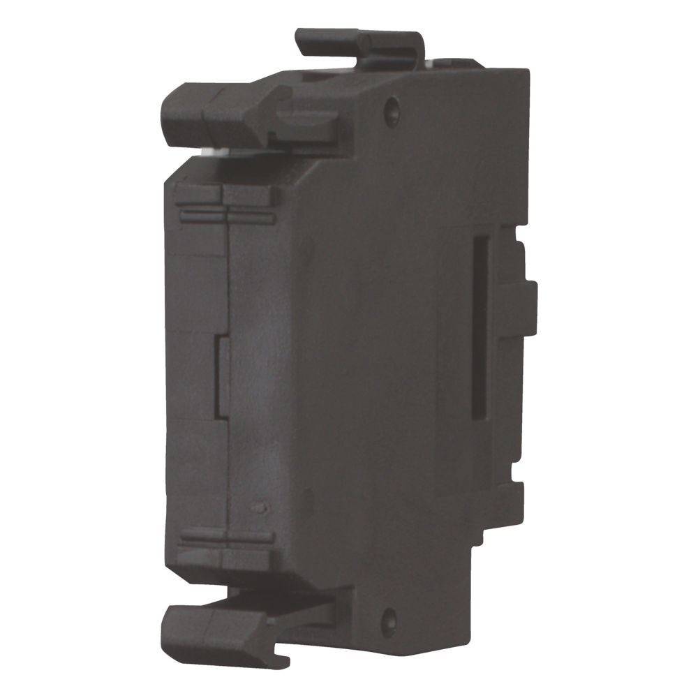 Eine schwarze elektrische Komponente mit rechteckiger Form und Kontaktstiften, möglicherweise ein Sicherungsautomat oder Schalter, von der Seite betrachtet.