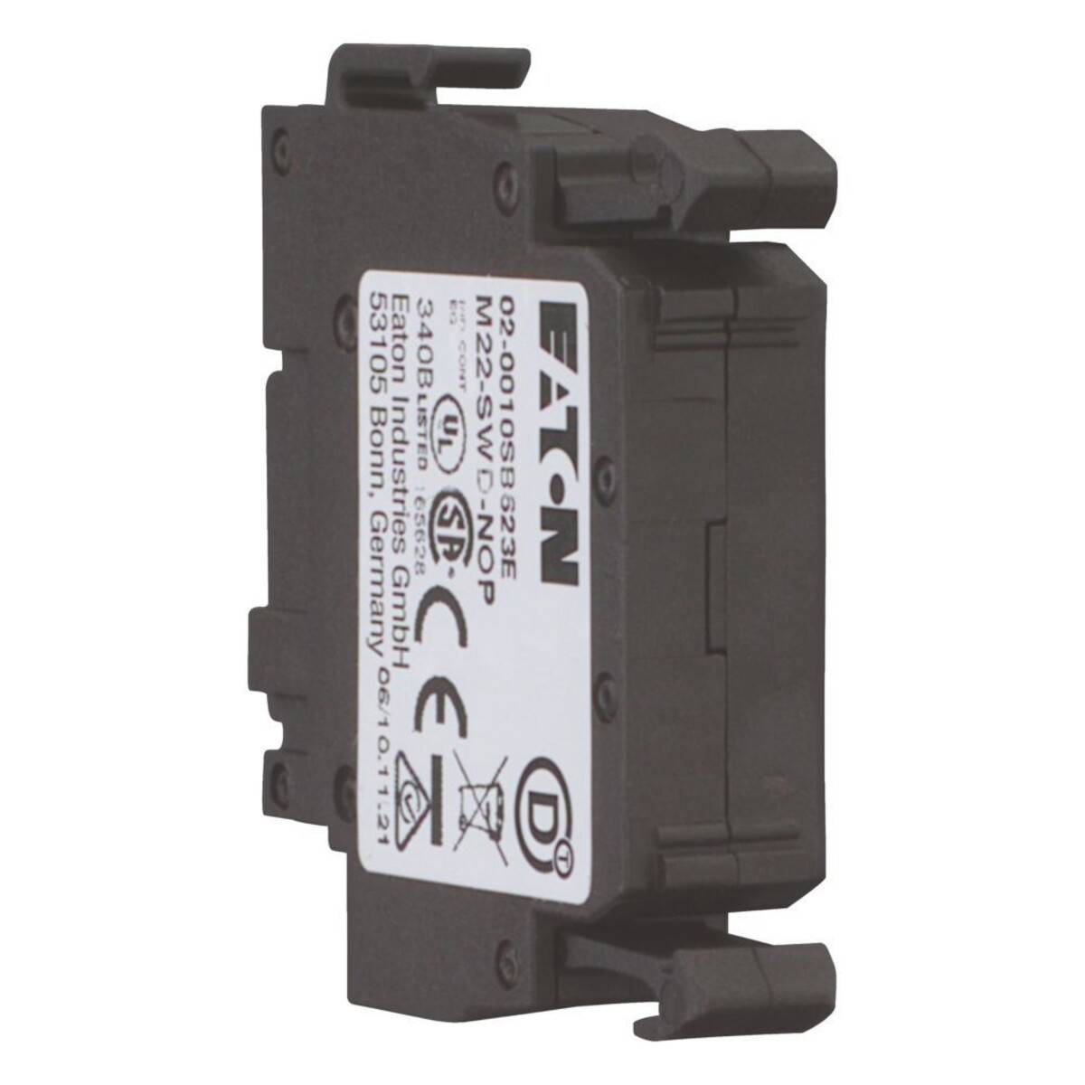 Eine schwarze Eaton Elektrokomponente mit der Bezeichnung 'M22-SWD-K22-P', versehen mit verschiedenen Zertifizierungszeichen, die für den Einsatz in Steuerungssystemen ausgelegt ist.