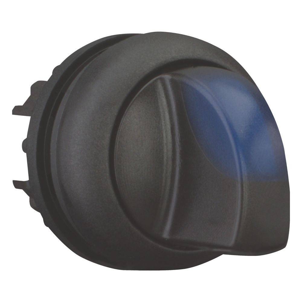 Ein schwarzer Drehknopf mit einer leicht erhöhten, strukturierten Oberfläche und blauer Akzentuierung, der häufig zur Steuerung von Lautstärke oder Einstellungen an Geräten verwendet wird.
