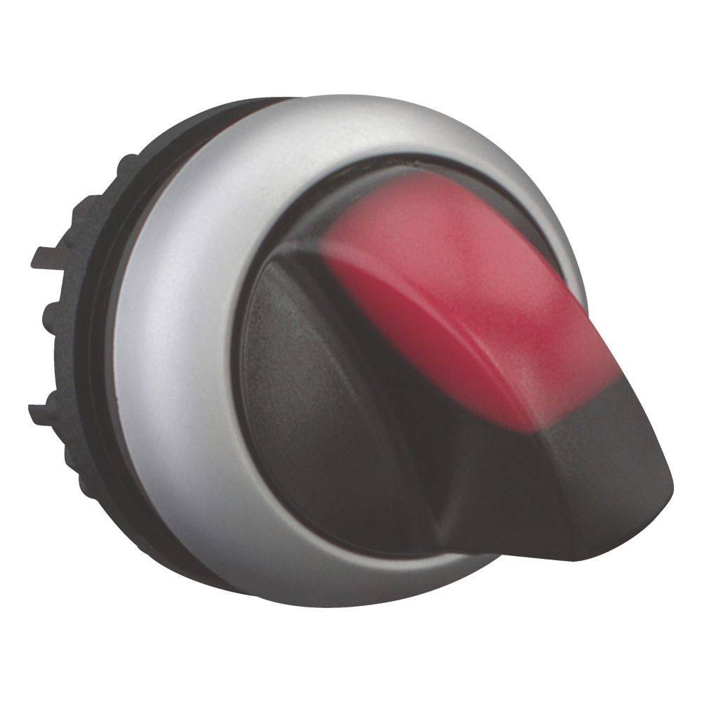 Ein rundes, schwarzes und silbernes Einstellrädchen mit einem roten Indikator an der Spitze, das zur Anpassung von Einstellungen an elektronischen Geräten verwendet wird.
