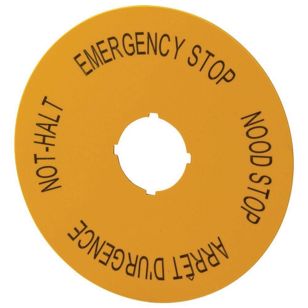 NOTTASTE' auf einer runden gelben Scheibe mit Übersetzungen in Niederländisch ('NOOD STOP'), Deutsch ('NOT-HALT') und Französisch ('ARRET D'URGENCE').