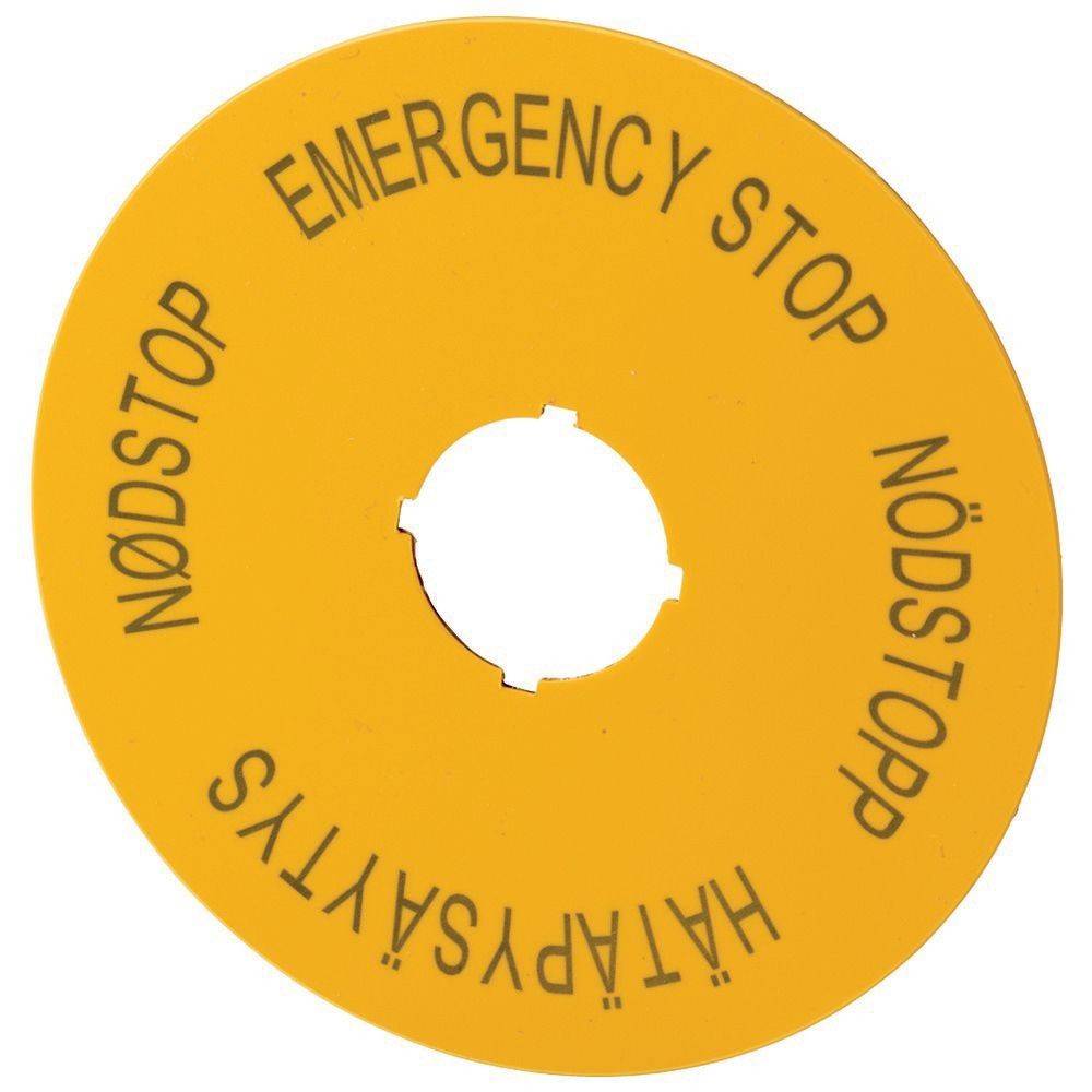 Gelbes Rundetikett mit Text: 'EMERGENCY STOP', 'NÖDSTOPP', 'NØDSTOP', 'HÄTÄPYSÄYTYS', verwendet für Notaus-Mechanismen.
