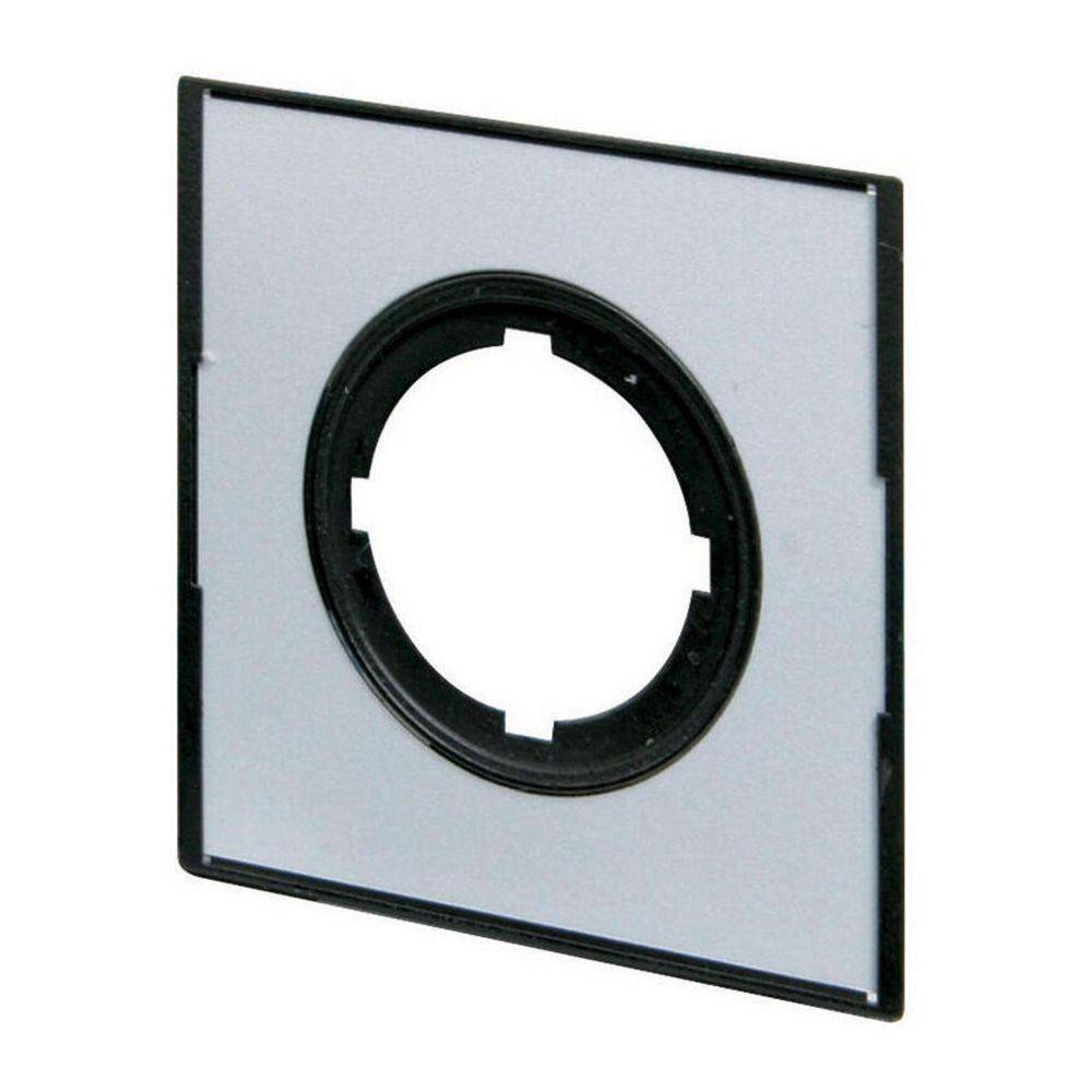 Ein schwarzer quadratischer Rahmen mit einer zentralen kreisrunden Aussparung, der als Montage- oder Abdeckplatte für elektrische Schalter oder Steckdosen verwendet wird.