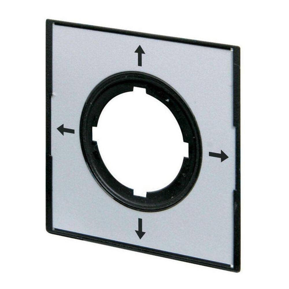 Quadratische Adapterplatte mit einer zentralen kreisförmigen Öffnung und vier Pfeilen, die die einstellbaren Richtungen anzeigen: oben, unten, links und rechts.