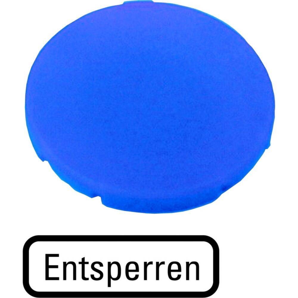 Ein großer blauer Knopf mit dem Wort 'Entsperren' darunter, eingeschlossen in einen rechteckigen Rahmen.