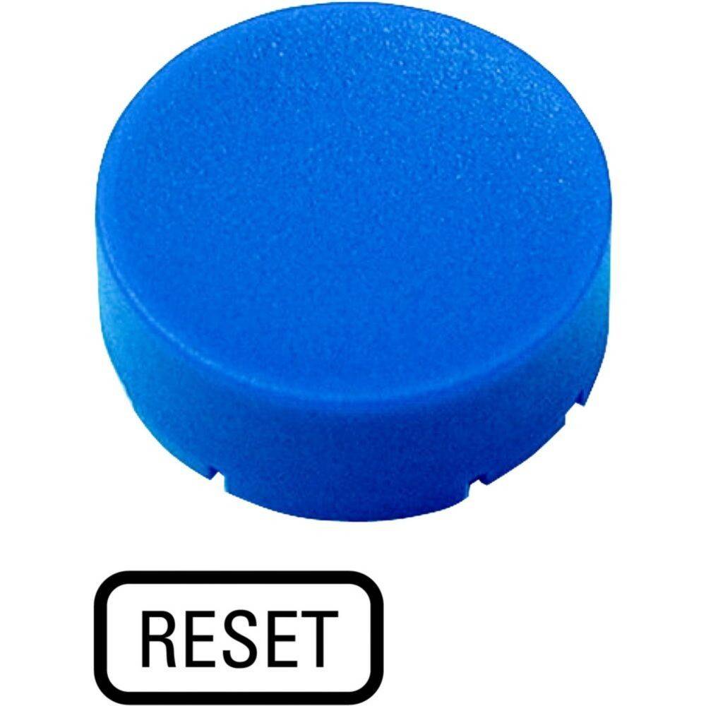 Ein blauer runder Knopf über einer Textbezeichnung, die ‚RESET' besagt.