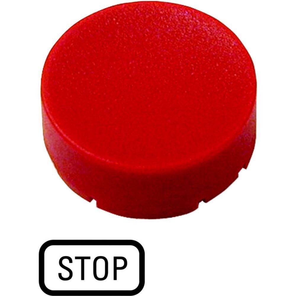 Stopp'-Taste; groß, rot und rund, mit dem Wort 'STOPP' in schwarzer Schrift darunter. Wird verwendet, um das Anhalten oder Pausieren einer Aktion anzuzeigen.