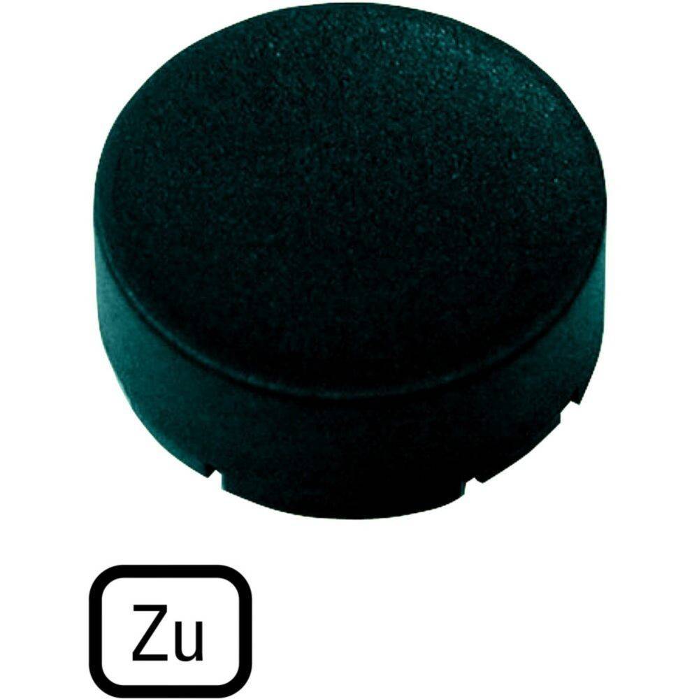 Ein runder schwarzer Knopf mit der Beschriftung 