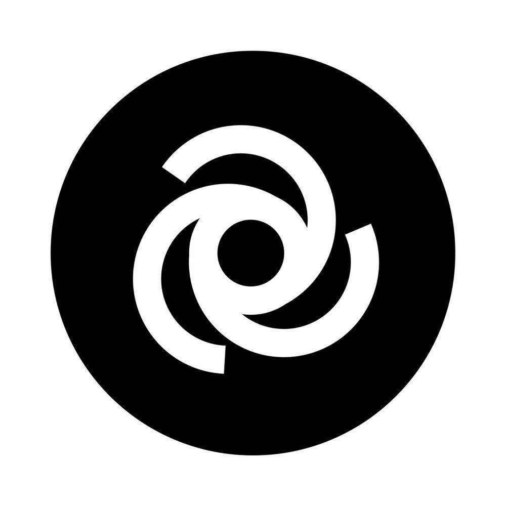 Logo bestehend aus drei ineinandergreifenden weißen Spiralen auf einem schwarzen kreisförmigen Hintergrund.