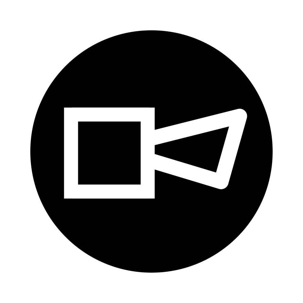 Symbol einer Videokamera innerhalb eines schwarzen Kreises, der eine Videoaufnahme oder eine videobezogene Funktion darstellt.