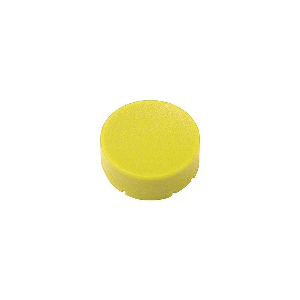 Eine gelbe, runde Plastikkappe mit flacher Oberseite und glatten Kanten, die typischerweise als Schutzabdeckung verwendet wird.