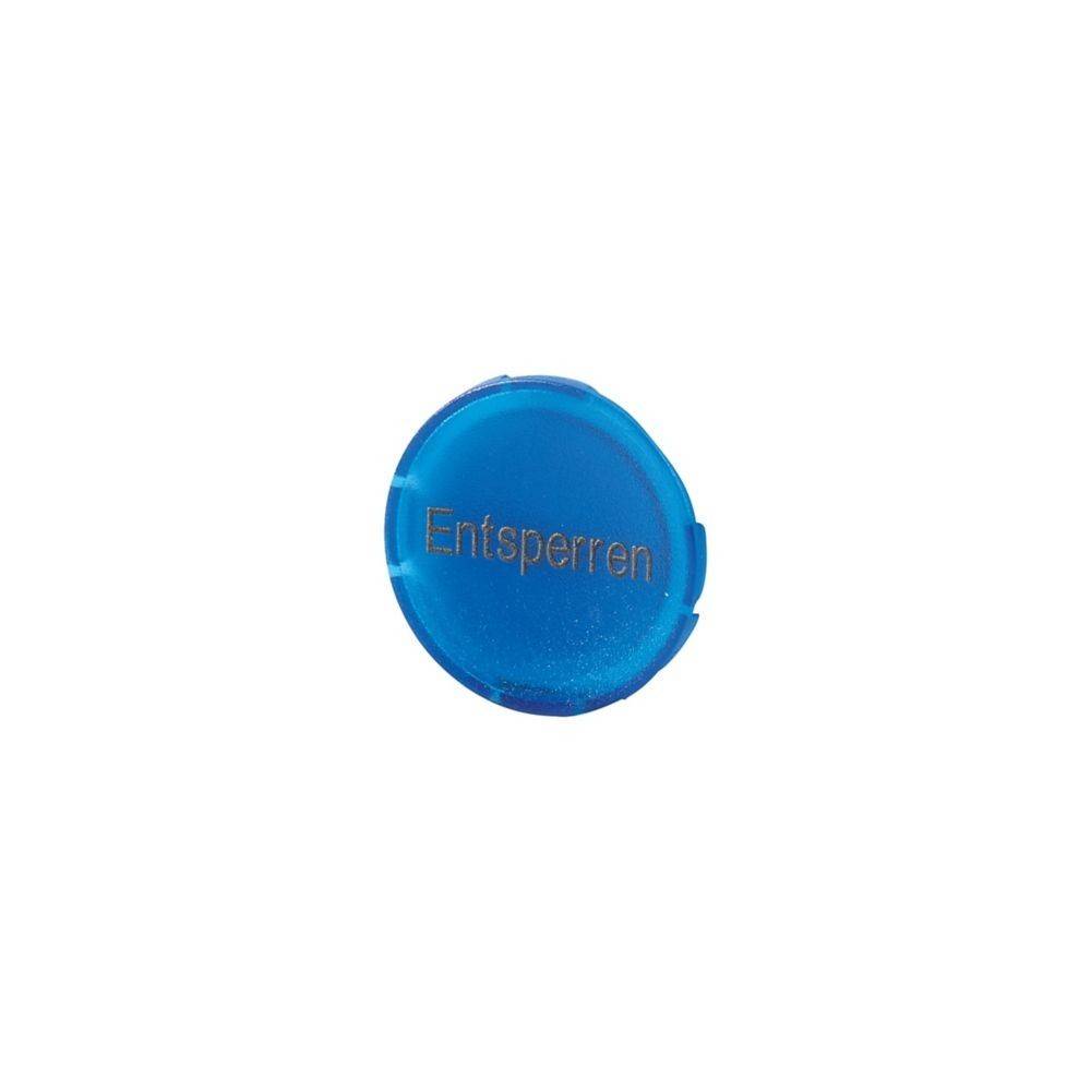 Ein kleiner blauer Rundbadge mit dem Wort 'Entsperren' in der Mitte eingraviert.