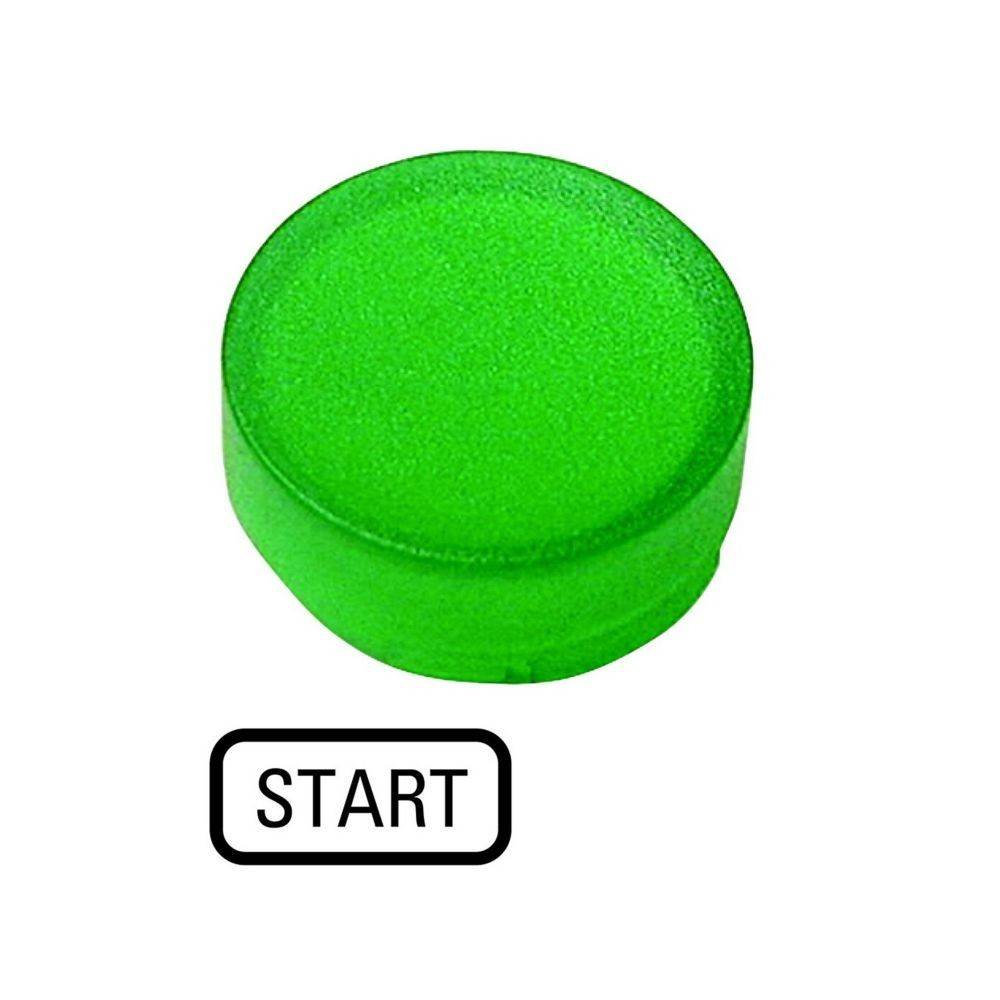Ein grüner runder Knopf mit dem Wort 'START' in einem abgerundeten Rechteck darunter.