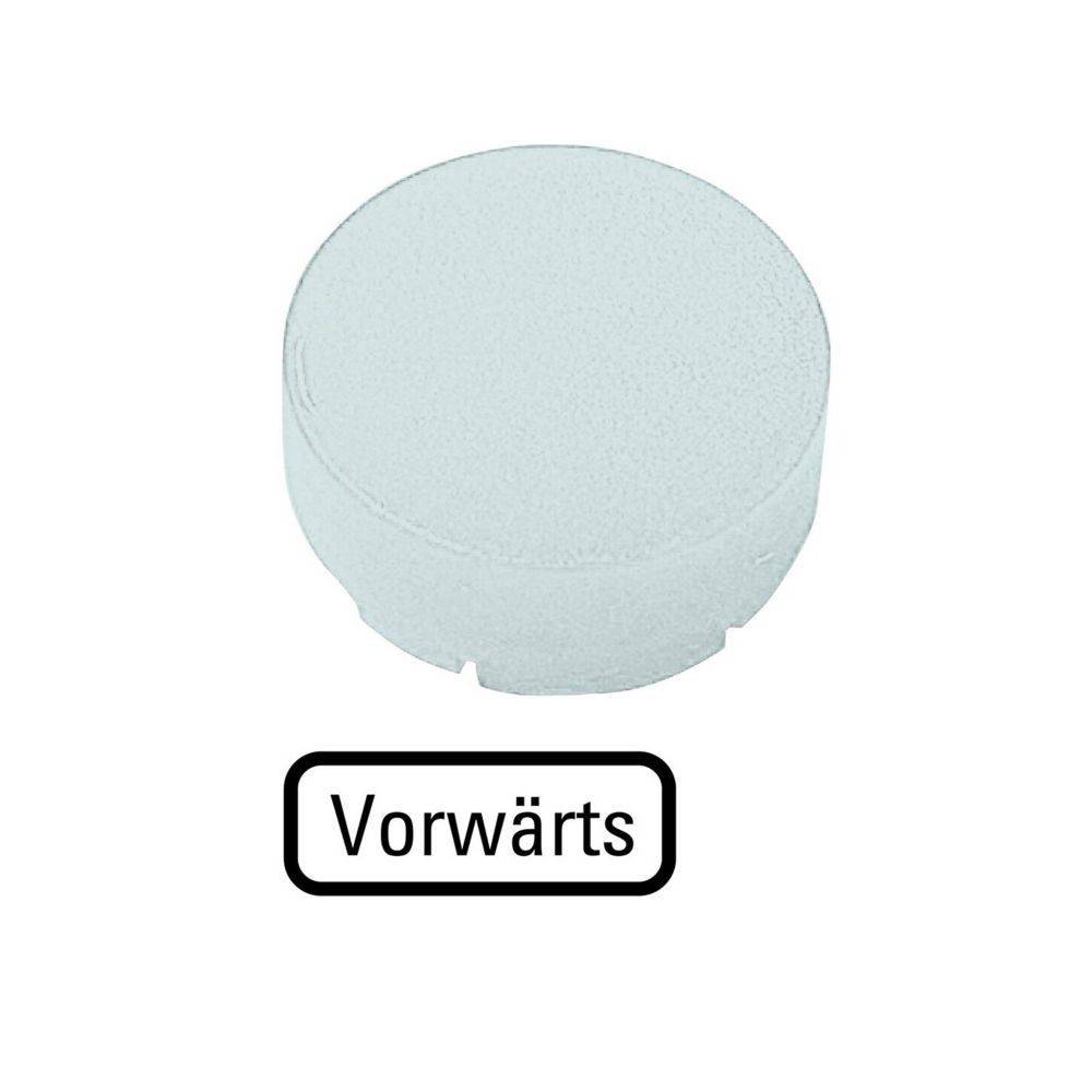 Ein runder, grauer Knopf mit dem deutschen Wort 'Vorwärts' darunter, der eine Vorwärtsbewegung oder -aktion andeutet.