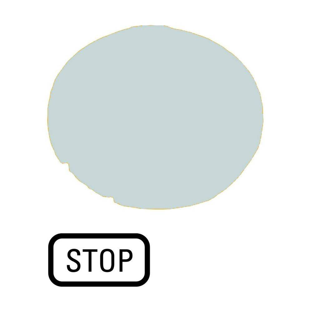 Ein runder grauer Umriss über einem schwarzen rechteckigen STOP-Schild.