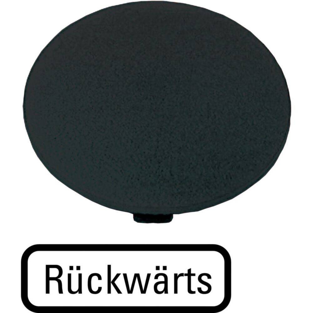 Eine runde schwarze Taste mit dem Wort 