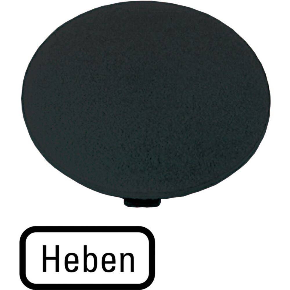 Ein kreisförmiger schwarzer Knopf mit dem Wort 