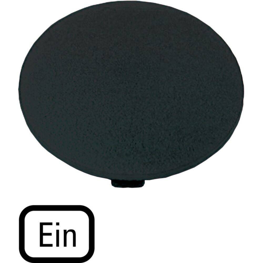 Ein schwarzer runder Knopf mit der Beschriftung 