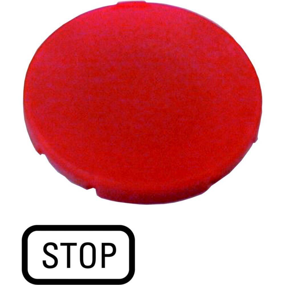 Ein roter kreisförmiger Stoppknopf mit dem Wort ‚STOP' darunter in fetter schwarzer Umrandung.