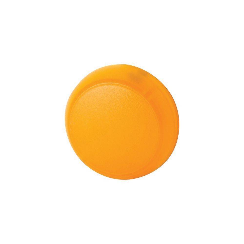 Ein orangefarbener kreisrunder Knopf vor einem weißen Hintergrund.