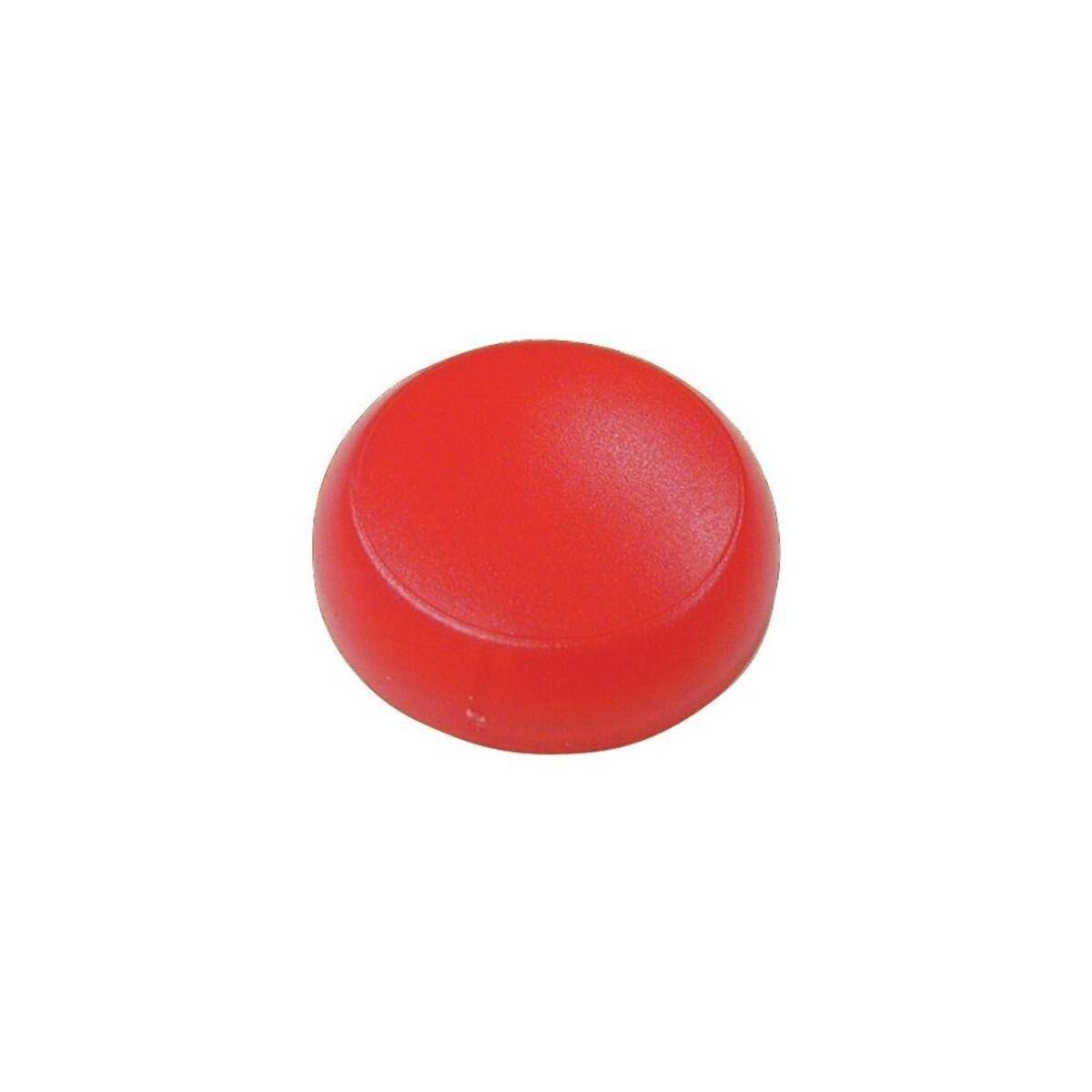 Ein einfacher roter runder Druckknopf auf einem weißen Hintergrund.
