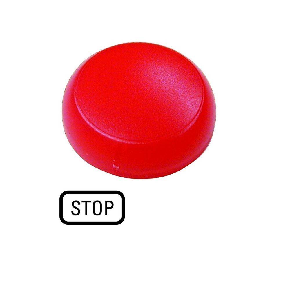 Roter Knopf mit dem Wort ‚STOP' in einem schwarzen Rahmen unterhalb des Knopfes auf weißem Hintergrund.