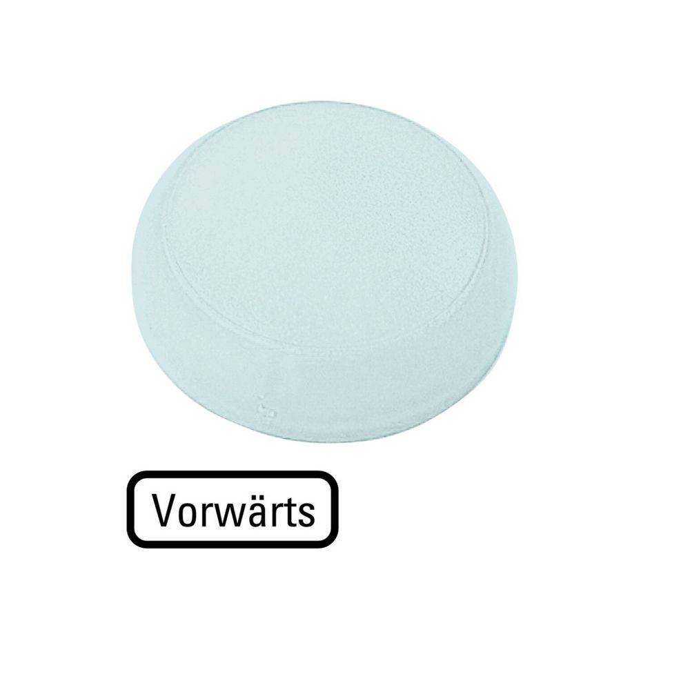 Ein rundes, hellgraues Objekt befindet sich über einem weißen Hintergrund mit dem deutschen Wort 'Vorwärts' in einem abgerundeten schwarzen Rechteck darunter.