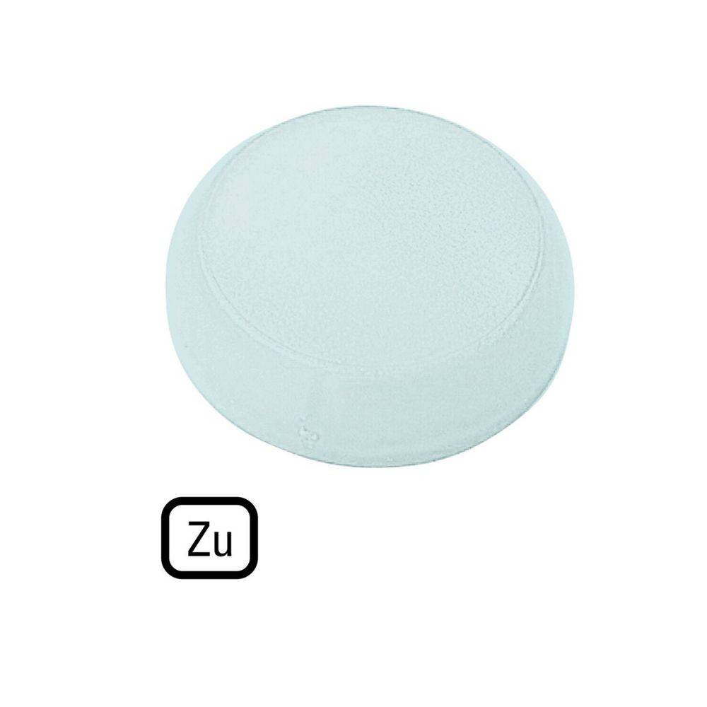 Ein weißes, rundes Objekt auf einem weißen Hintergrund mit einem kleinen schwarzen Quadrat, das den Text 