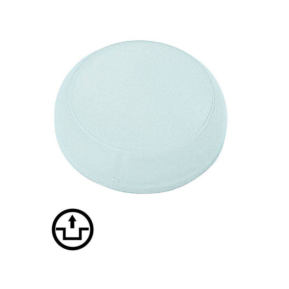 Ein rundes weißes Kissen mit einem kleinen aufwärts gerichteten Pfeilsymbol darunter, das die Richtung oder Ausrichtung für die Verwendung anzeigt.