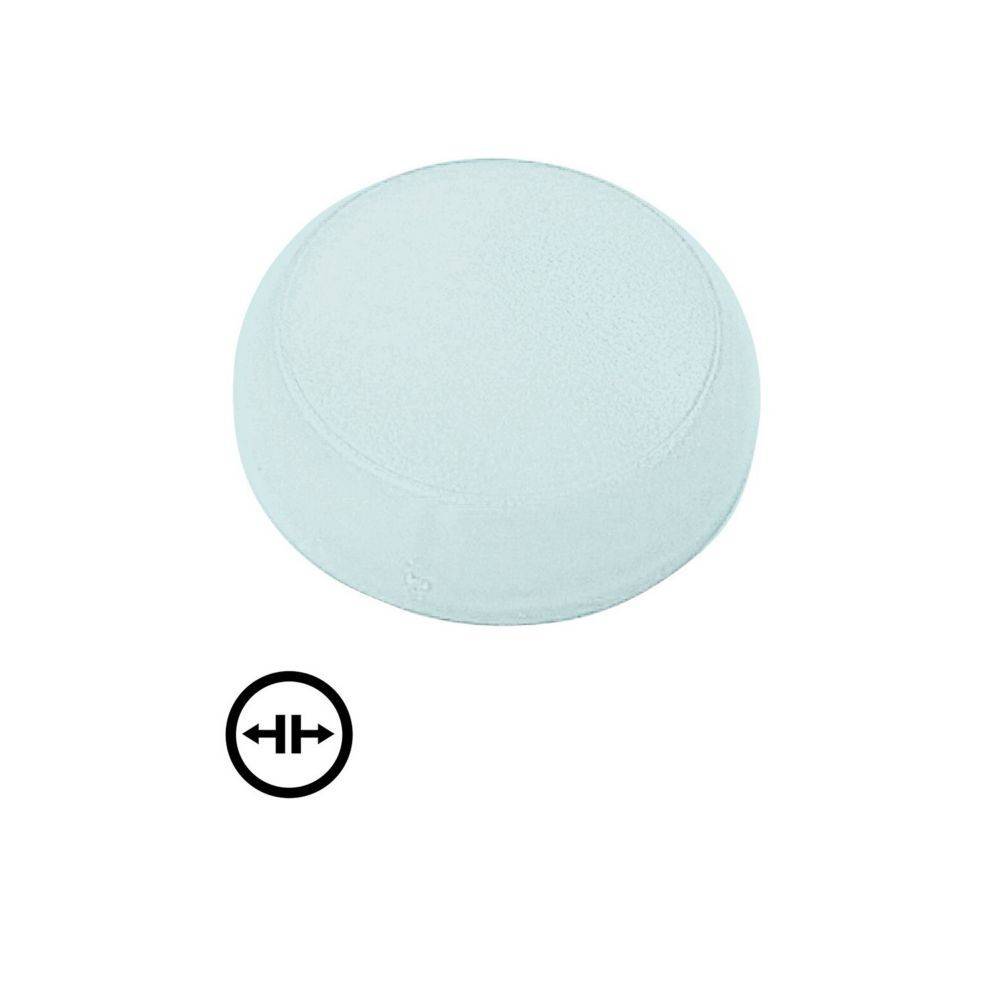 Ein rundes, hellblaues Kissen mit einem einfachen Design. Darunter befindet sich ein 'H'-Symbol mit Pfeilen, das die horizontale Ausrichtung oder Anpassung anzeigt.