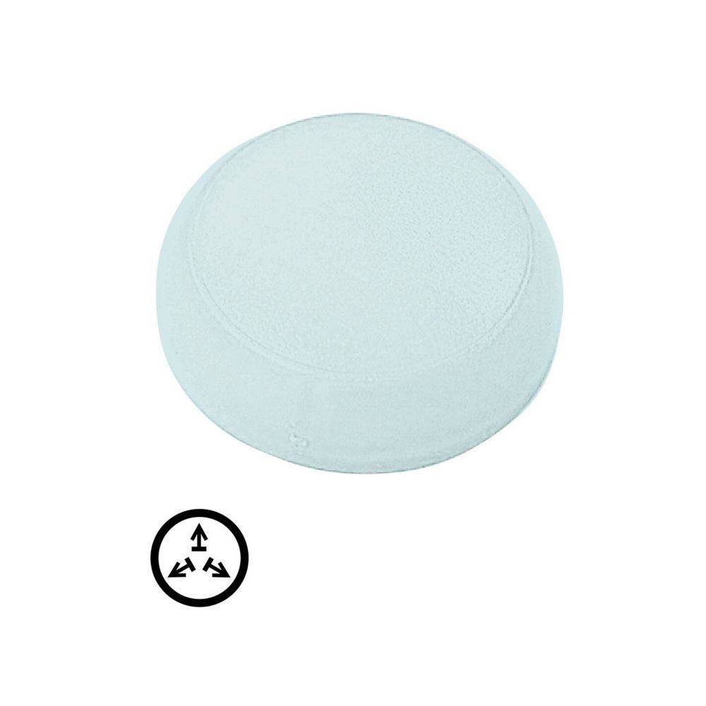 Ein rundes, hellgefärbtes Kissen mit einem kleinen dreieckigen Recycling-Symbol darunter.