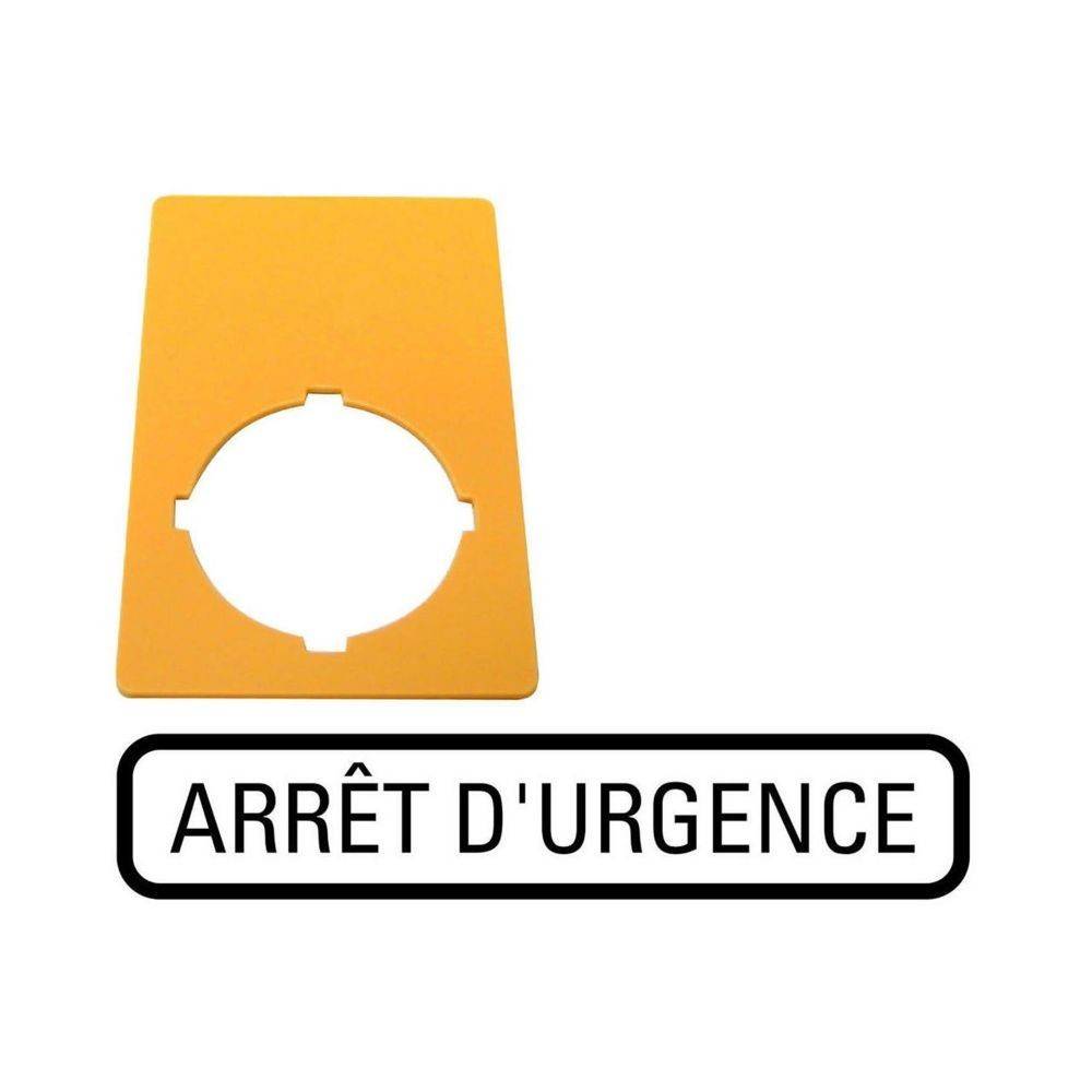 Ein gelbes Schild mit Aussparung und dem französischen Text ‚ARRÊT D'URGENCE' darunter, das einen Nothaltevorgang kennzeichnet.