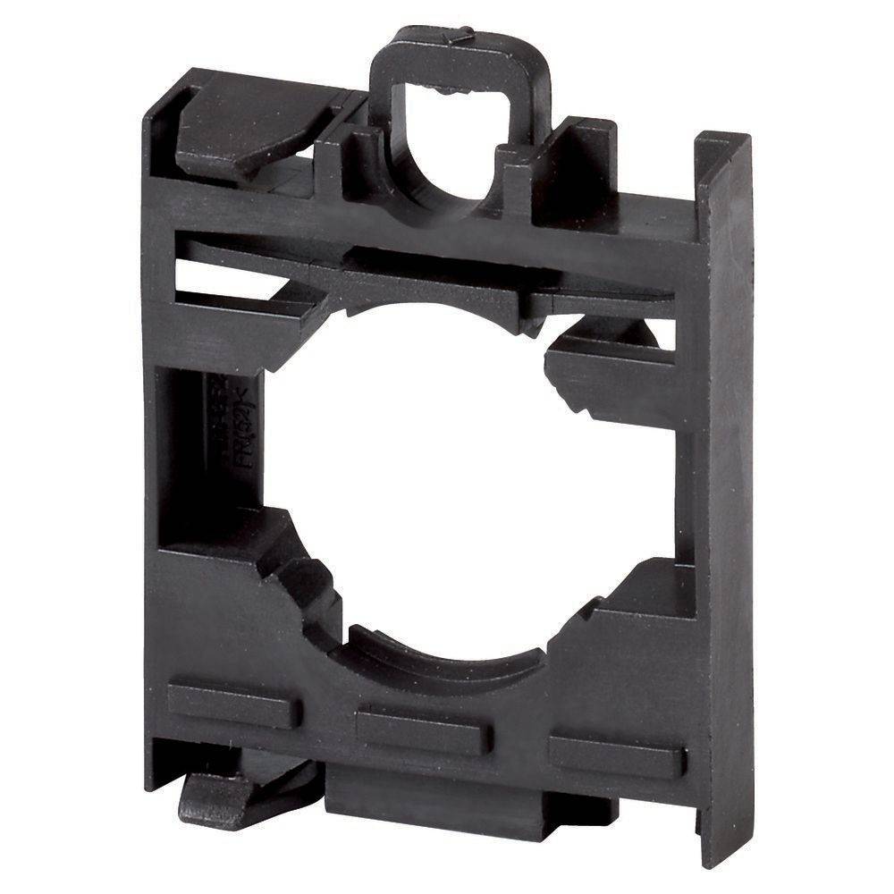 Eine schwarze Kunststoff-Befestigungshalterung mit Schlitzen und einem kreisförmigen Ausschnitt, entwickelt zur Befestigung oder Unterbringung kleiner elektronischer Bauteile.