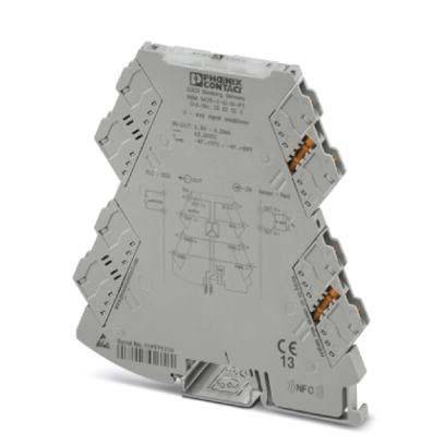 Ein graues, eckiges elektronisches Gerät mit mehreren Anschlüssen, beschriftet mit ‚Phoenix Contact', das für elektrotechnische Anwendungen verwendet wird.