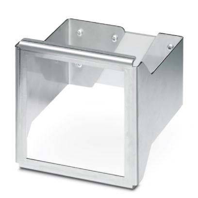 Ein Metallgehäuse mit einem transparenten Panel. Es ist entwickelt, um einen Gegenstand zu schützen und zu präsentieren, möglicherweise in industriellen oder Einzelhandelsumgebungen verwendet.